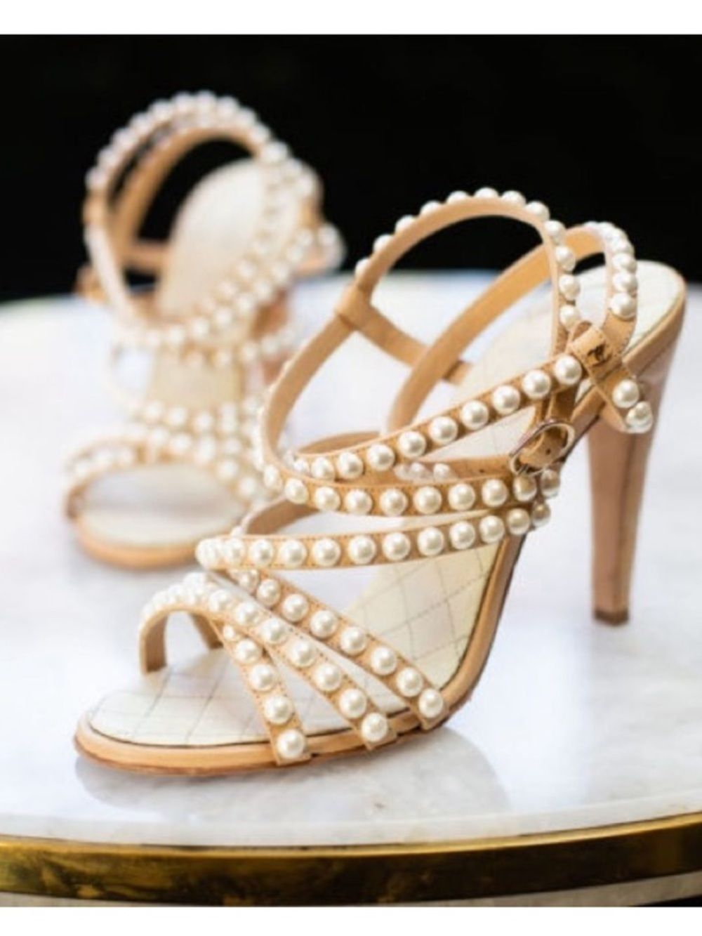 Chanel Beige Quilted Leather Pearl Embellished Ankle Strap Sandals Heels EU 37.5